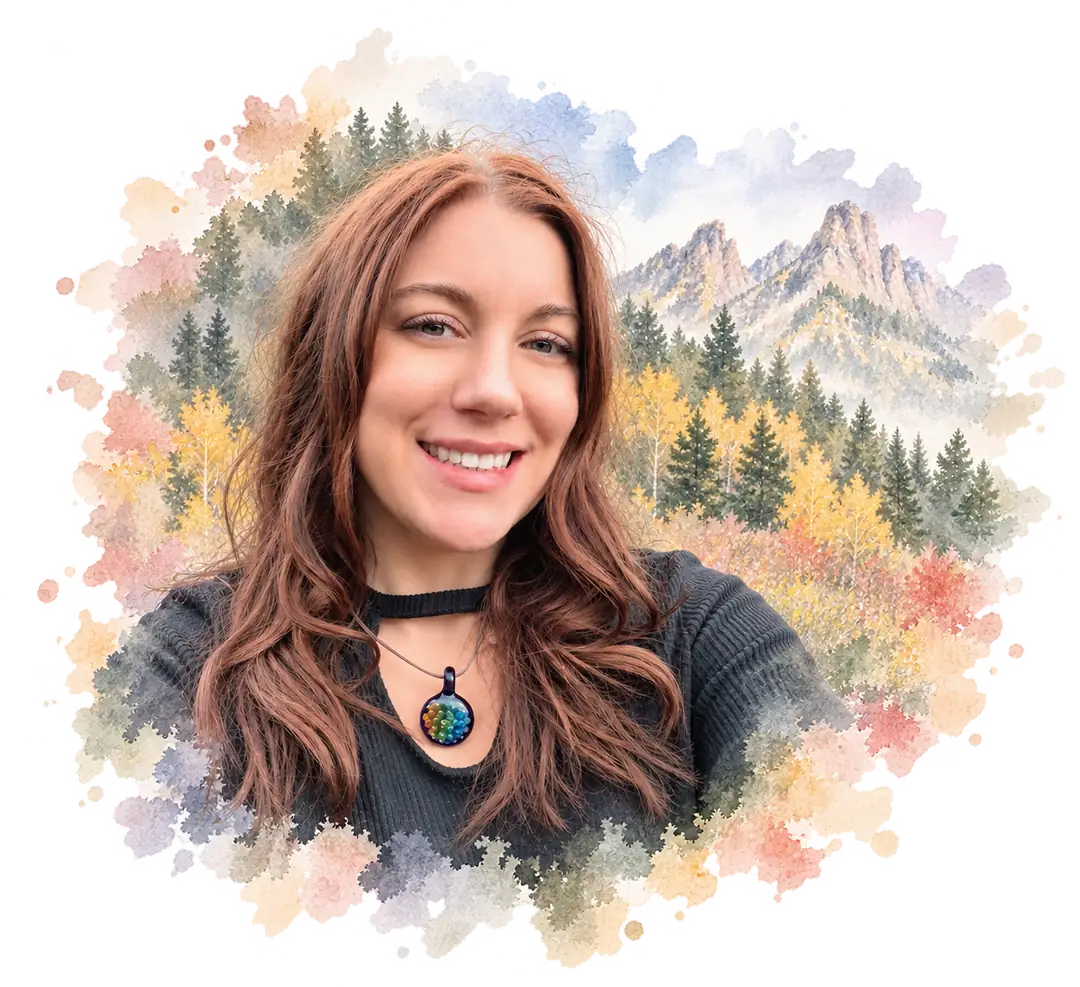 Kate Oprisko smiling against a watercolor Colorado mountain landscape.