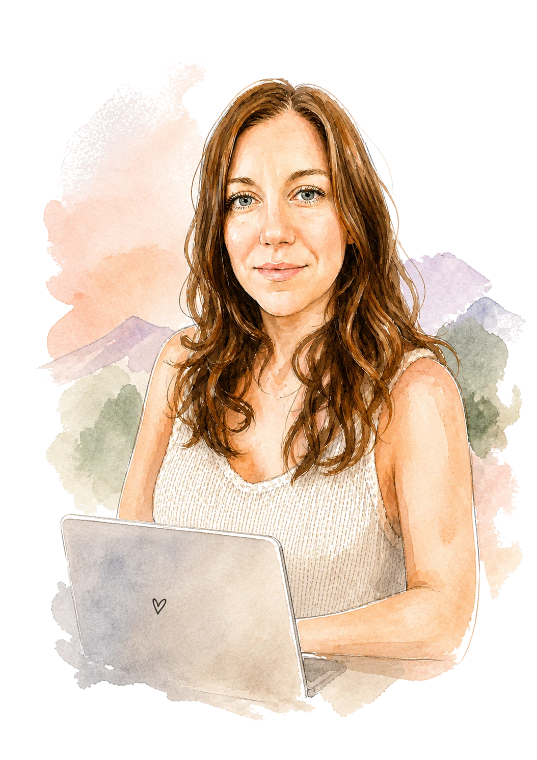 Illustrated portrait of Kate seated with a laptop, surrounded by a soft watercolor mountain landscape.